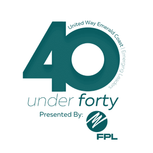 The image features dark teal background with abstract, minimalist design. Text reads "40 under Forty" with a smaller text "Presented By" and a logo.