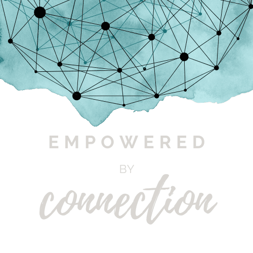 The image features a graphic with the phrase "EMPOWERED BY connection" in white cursive and uppercase letters over an abstract blue watercolor background with a network mesh.