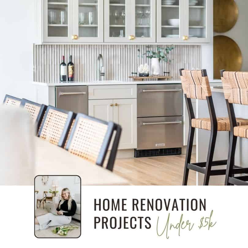 A modern kitchen interior with text "HOME RENOVATION PROJECTS Under $5k" and an inset image of a smiling person sitting on the floor.