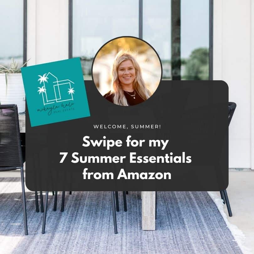 This image features a promotional board with text "Welcome, Summer! Swipe for my 7 Summer Essentials from Amazon" and a circular portrait of a smiling person.