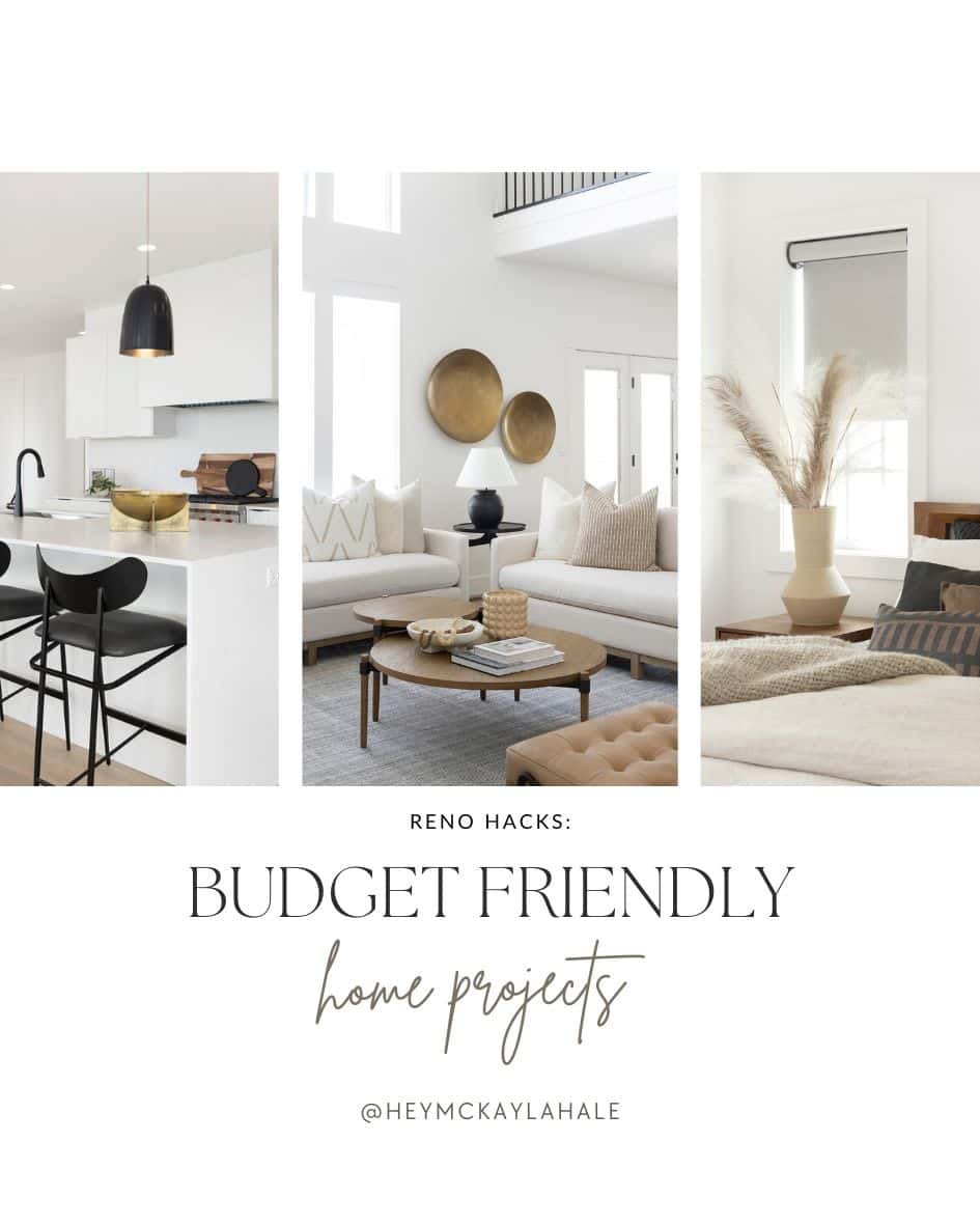 The image presents a collage of three interior designs featuring modern, minimalist decor with a caption about budget-friendly home projects and a tag to a social handle.