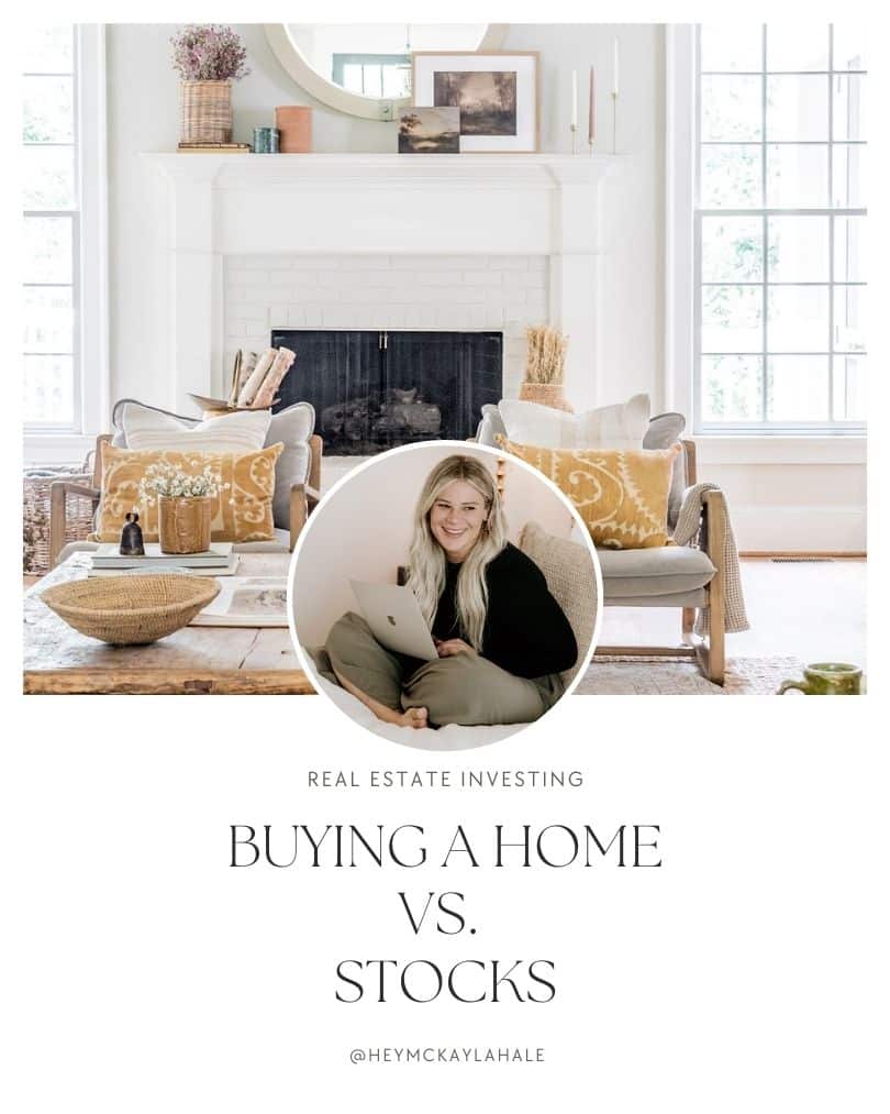 The image shows a bright living room with a fireplace and a person sitting with a laptop. Text discusses real estate investing, comparing home buying and stocks.