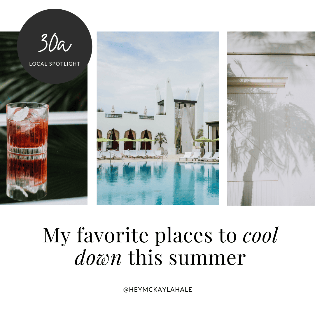 The image features a collage of three photos: a refreshing beverage, a tranquil pool at a resort, and a white building with palm shadow, titled "My favorite places to cool down this summer."