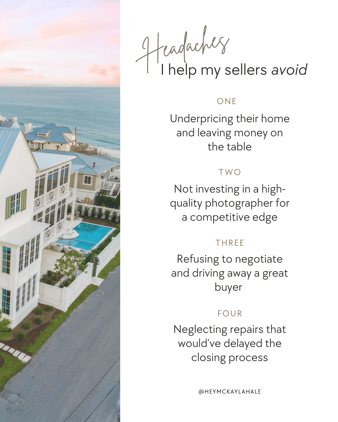 This is an informational image featuring a coastal real estate setting at dusk with a list of "4 Headaches" that the service helps sellers avoid in home sales.