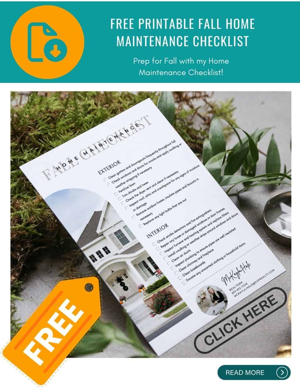 The image shows a fall home maintenance checklist flyer with a "FREE" tag, including exterior and interior tasks suggestions, placed on a mossy surface.