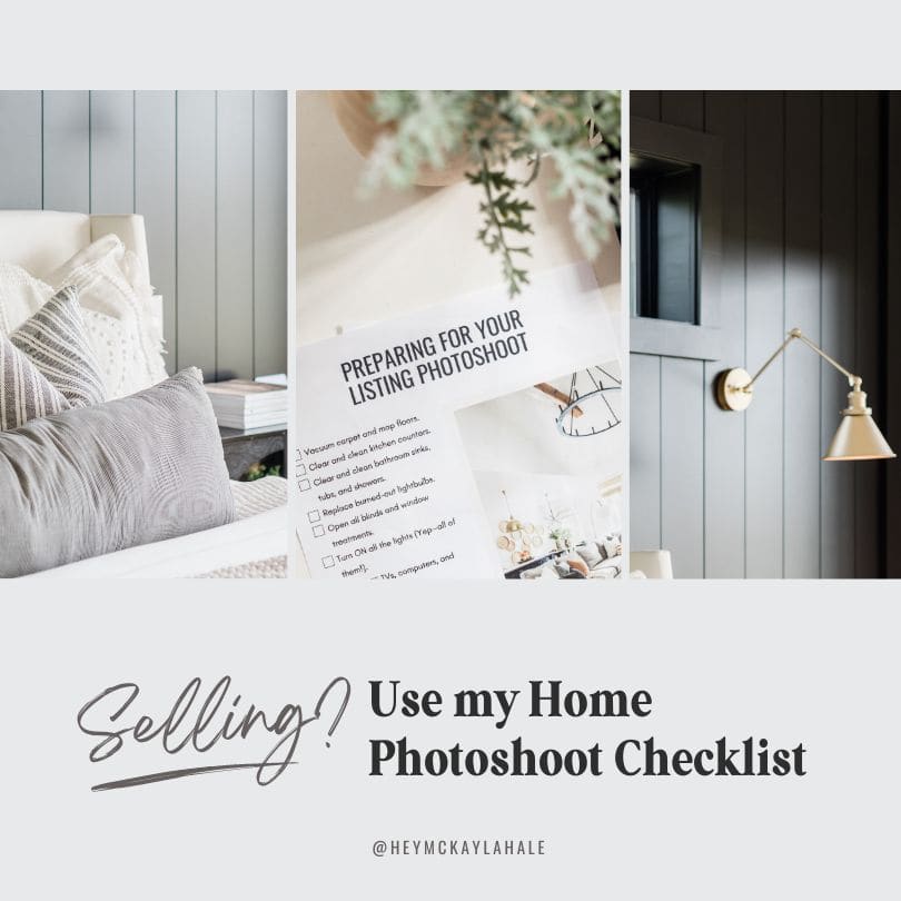 This image shows a checklist titled "PREPARING FOR YOUR LISTING PHOTOSHOOT" with tips for home sellers, alongside an elegant interior with a wall lamp.